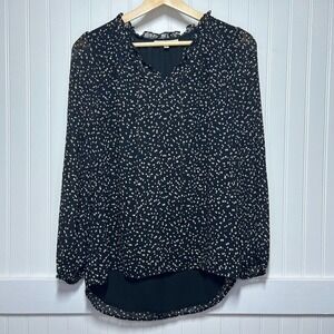 Les Serein Blouse Black Whimsigoth Fairy Speckled Confetti V-Neck Ruffle Neck XS